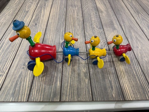 Vintage Fisher Price Pull Toy Duck Family With Spinning Wings & String 1950s