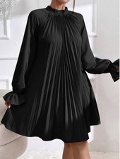 SHEIN Prive Flounce Pleated Dress Black Mock Neck Ties Sz M (6)