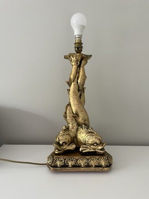 Große Vintage Gold Vergoldet Delfin Rokoko Stil Hollywood Regency Lampe Funktioniert