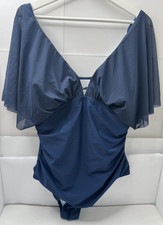 Cupshe Swimsuit Womens XXL Blue One Piece Flutter Sleeve V Neck Tummy Control