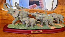 Large Resin Elephant Family Classic Wildlife 14" Wood Base