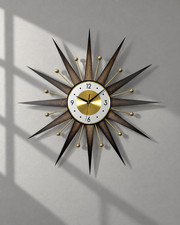 Handmade Large Gold Mid Century Modern Sunburst Wall Clock Silent Atomic Decor