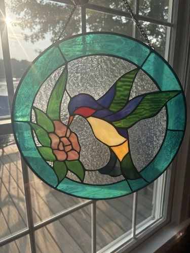 Hummingbird Tiffany Style Stained Glass Sun Catcher Vintage Handcrafted Large