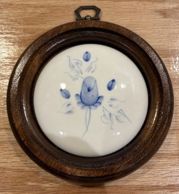 Vintage Round Wood Wall Plaque Blue Rose White Ceramic Floral Tile Decor 5.5 