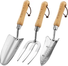 Garden Tool Set- 3PCS Stainless Steel Gardening Tool Sets with Wooden Handle Tro