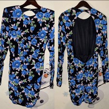 ZARA Mini Dress Blue Floral Print Size M Viscose Open Back Long Sleeve