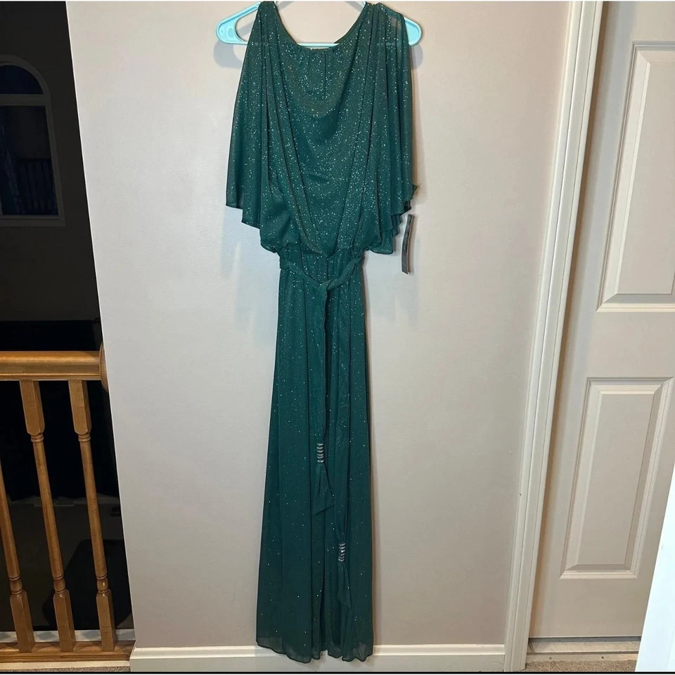 Macacão feminino novo com etiquetas MSK verde glitter-chiffon blusa com cinto perna larga tamanho pequeno - Imagem 2 de 4