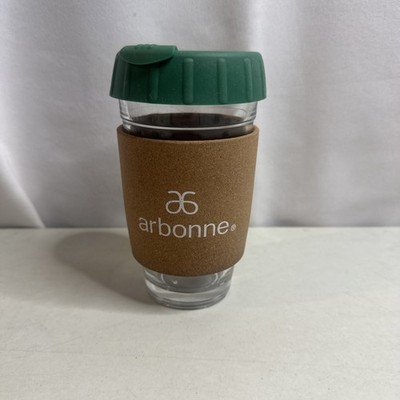 ARBONNE Glass Coffee/Tea Tumbler Hot/Cold Travel Mug Silicone Lid Cork Koozie