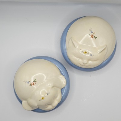 Ceramic Cat And Dog Sleeping Trinket Dish With Lid And Fower Details. Dated 1971