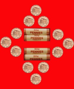 4 bank-wrapped 2009 - P rolls - 200 Unc Lincoln pennies - Log Cabin Reverse