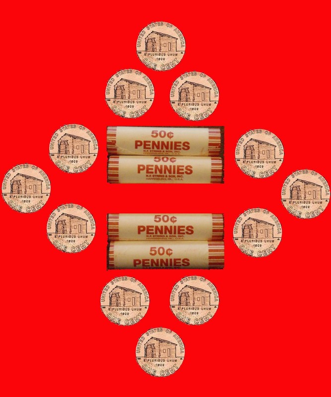 4 bank-wrapped 2009 - P rolls - 200 Unc Lincoln pennies - Log Cabin Reverse