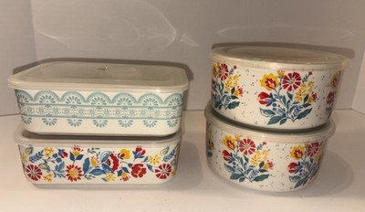 4 Pioneer Woman Ceramic Food Storage Containers Steam Relief Lids Aqua Blue Rose