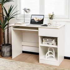 Wooden Computer Desk with Pull-out Keyboard Tray and Adjustable Storage Shelves