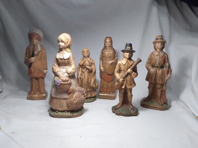 Vintage Lot Of 6 Handmade Thanksgiving Figurines Pilgrims & Indians