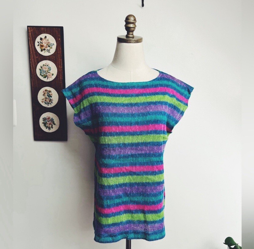 Vintage 80s 90s Italian Bold Striped Knit Top Cotton Linen