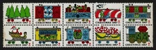 1967 WX228 Santa Train Right Block of 10 US Christmas Seals Browned (Clip?) MNH