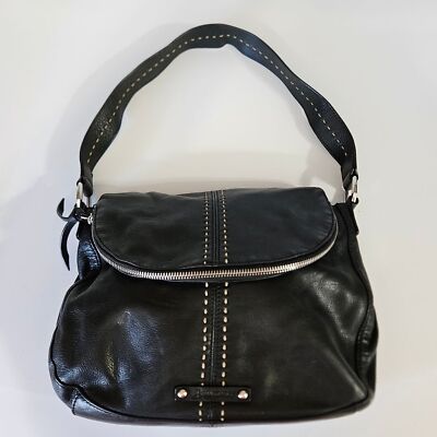 B. Makowsky Black Leather Contrast Stitching Top Flap Hobo Shoulder Bag