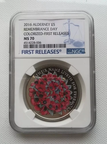 2016 Alderney Remembrance Day £5 Poppy Coin FIRST RELEASES NGC MS70 😍 Beauty