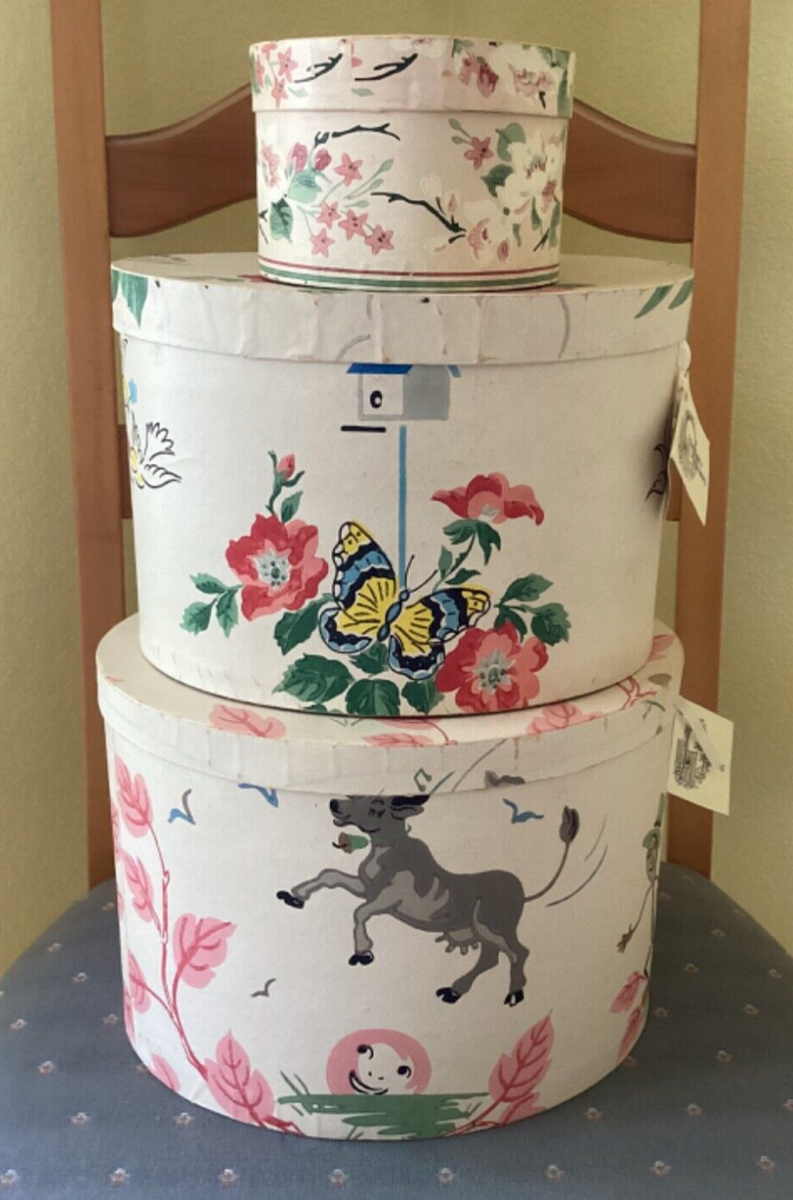 Vintage Hannah's Treasures Wallpaper Bandbox Hat Storage boxes set