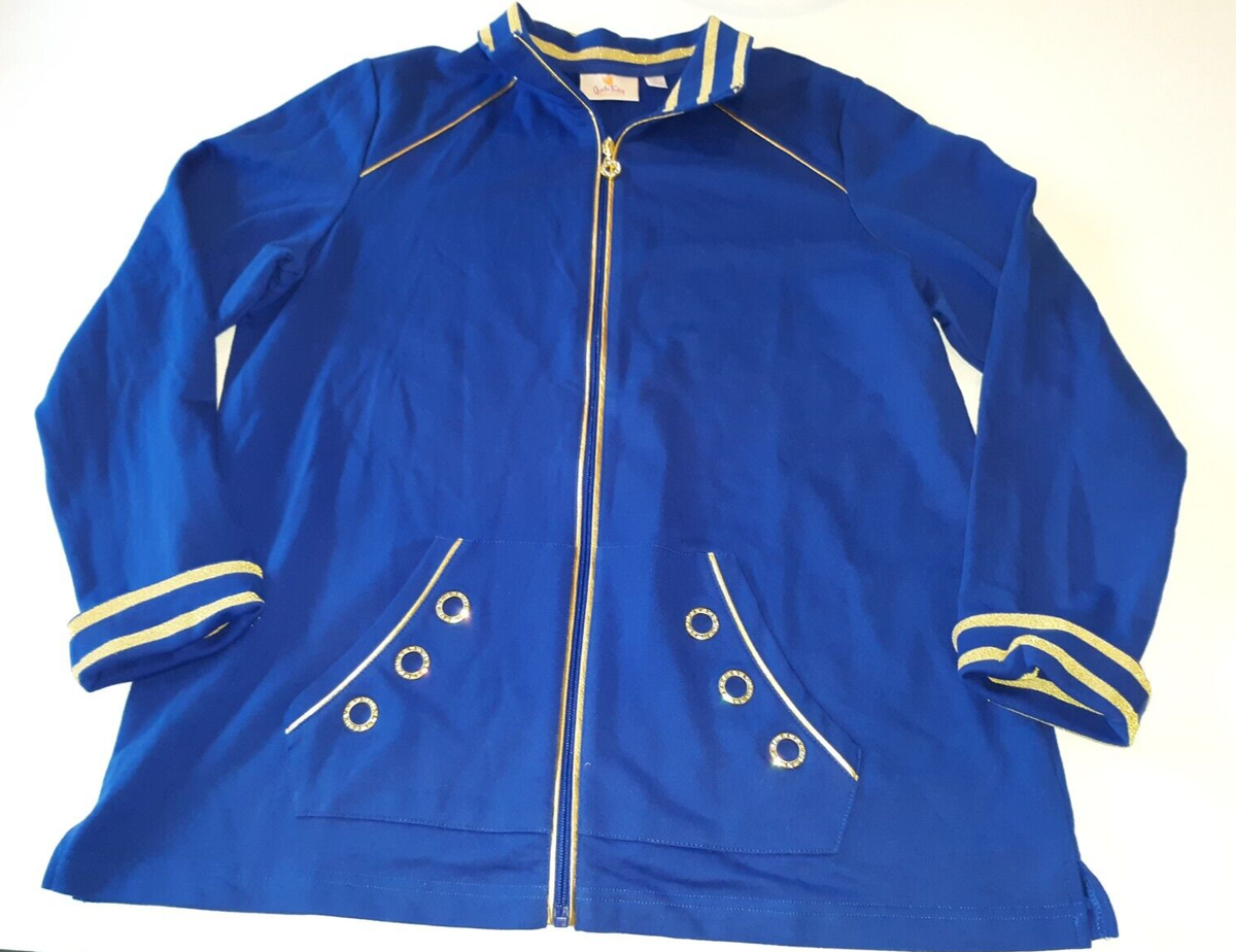 ビーズ ジャケット Quacker Factory Blue Full Zip Jacket L Gold Grommet Rhinestone