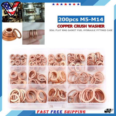 #ad 200PCS Solid Copper Crush Washer Gasket Set Flat O Ring Seal Assortment Kits US $10.79