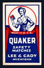 QUAKER SAFETY MATCHES (LEE & CADY) ๐ฅ VINTAGE MATCHBOX LABEL ๐ฅ MADE IN USA