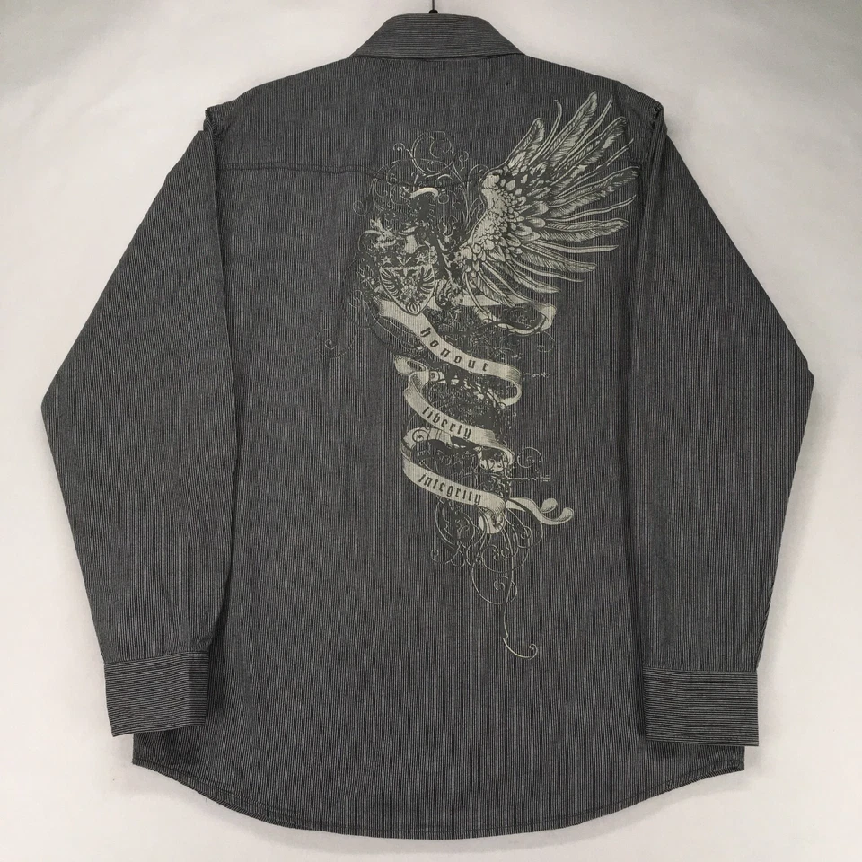 MODERN CULTURE Men's Shirt Large Striped Gray Graphic Honour Liberty Integrity - Image 3 of 4