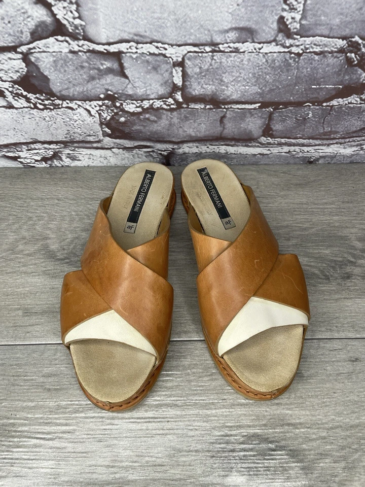 Alberto Fermani Brown Leather Ivory Slide Cross Wedge Sandals Women’s 36EU/6M US - Image 2 of 4