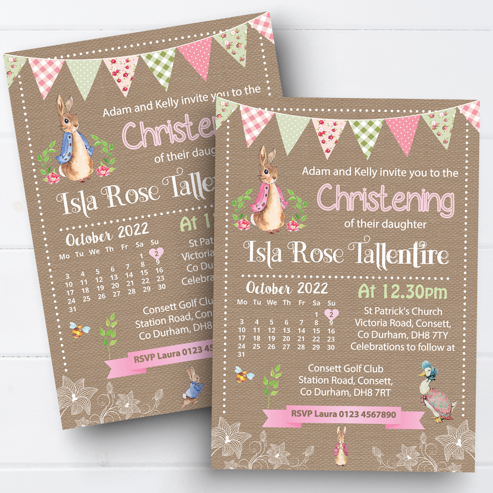Personalised Peter Rabbit Christening Invitations Flopsy Baptism Invites x10