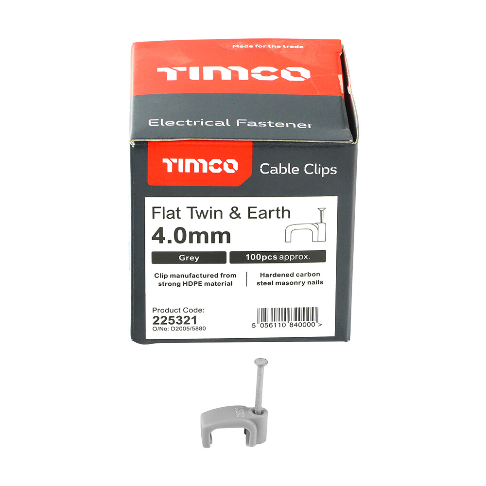 Timco Cable Clip - Grey - Flat 4.00mm (Twin & Earth) - PK100 - 225321