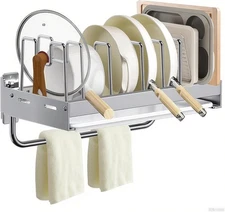 Hanging Pot Rack, Wall Mounted Pots and Pans Organizer with 7 Silver 