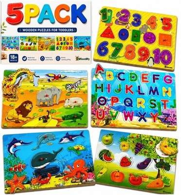 5 Pack Wooden Peg Puzzles for Toddlers 1-3 - Puzzles with Alphabet Numbers & ...