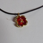 Vintage Red Glaze & Gold Tone Flower Pendant On 18" Black Vinyl Necklace — photo 2