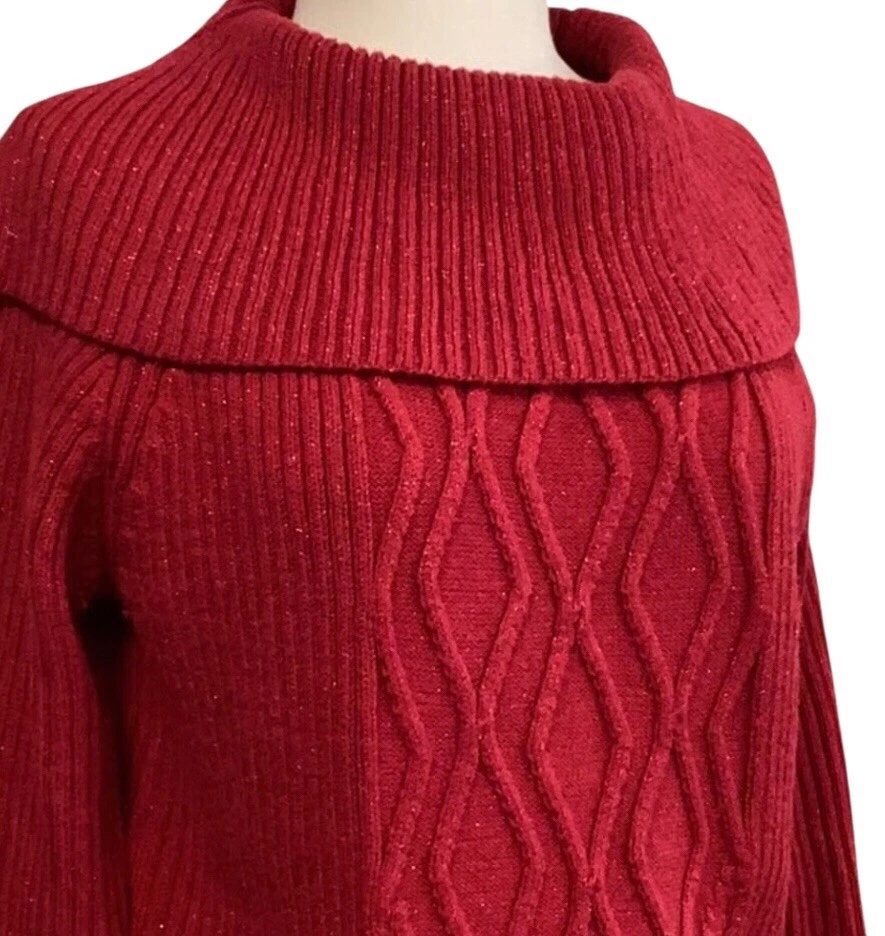 Mujeres Brillante Navidad Rojo Cable Tejido Suéter Acanalado Túnica Capucha Cuello Talla 1X Foto 2 de 4