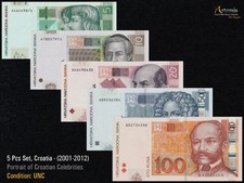 Kroatien/Crpatia Kuna Set (2001-2012) 10 - 100 Kuna, Pick# 37-41 UNC