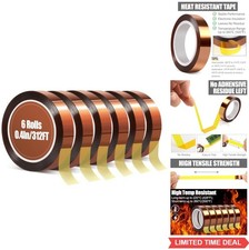 Polyimide Heat Tape 6 Rolls 10mm x 16m 52ft High Temperature Resistant