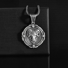 Collier tête de bélier en argent sterling zodiaque astrologie pendentif rond ...