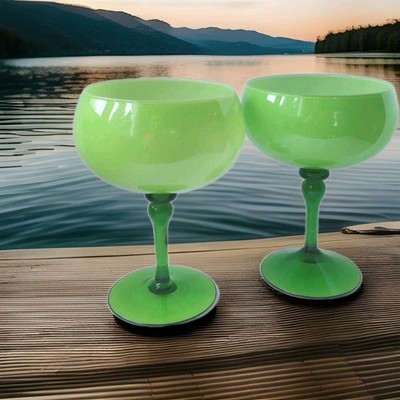 Vintage Carlo Moretti Italy Green, White Cased Glass, Large Margarita Glasses