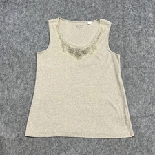 Chicos Shirt Womens 2 Large Beige Tank Top Ribbed Embellished Lace Neck Stretch