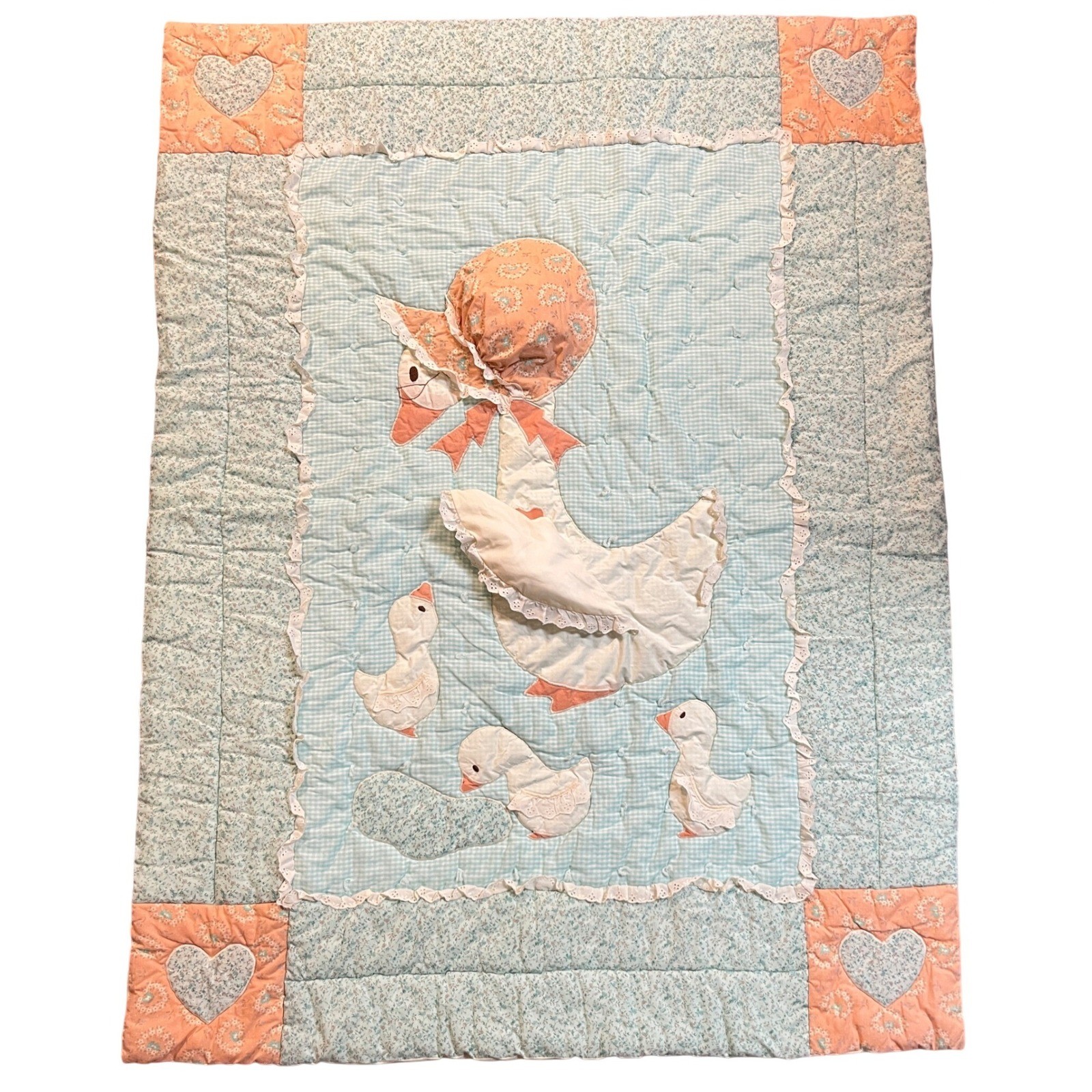Vintage Mother Goose Baby Quilt Duck Gingham Lace Handmade Cottagecore Granny