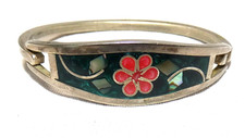 Vintage Mexico Silver Tone Enamel Red Flower Abalone Hinged Childs Bracelet