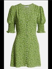 Reformation Mini Alison Dress Button Down Samantha Green Floral Puff Sleeve 0