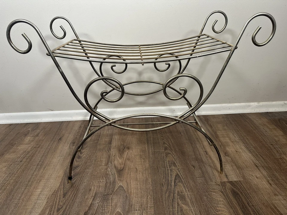 De colección Art Deco Hollywood Regency Mediados de Siglo Metal Tocador Banco Silla Taburete Latón Foto 3 de 4