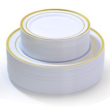 100 PCS Gold Plastic Plates, White and Gold Plastic Plates Include 50 Dinner ...
