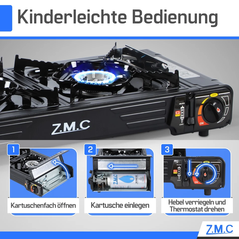 PREMIUM 2 flammig Campingkocher Outdoor Gaskocher Grillplatte +4x Gaskartusche - Bild 3 von 4