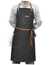 Denim Chef Apron with Pockets, Mens Womens Professional Kitchen Bib Black Denim