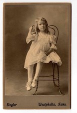 Antique c. 1890 Adorable Cute Girl In White Dress Chair Victorian Cabinet Card