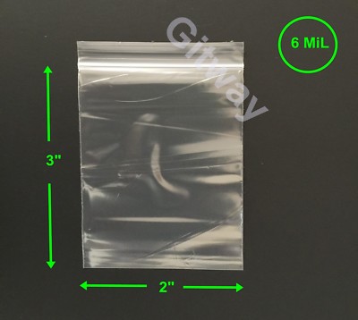 2'' x 3'' Reclosable Resealable Zip Top Lock 2x3'' FDA Clear Plastic Bags 6 miL
