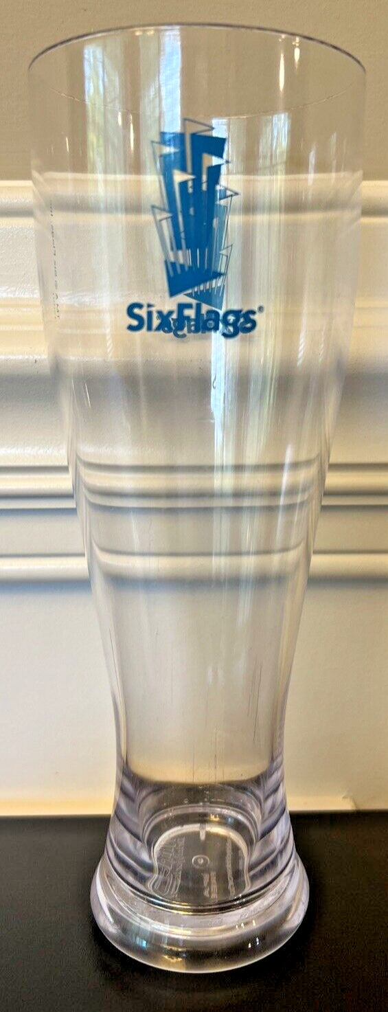 Six Flags Themed 9oz Clear Plastic Pilsner Beer Glass Souvenir