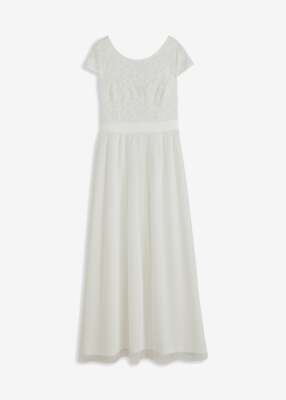 Neu Romantisches Kleid m Spitzenoberteil und Meshrock Gr. 38 Wollweiß Brautkleid